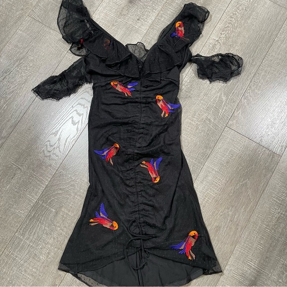 House of Harlow 1960 X REVOLVE Black DRESS ruched Embroidered birds Size XS - Picture 2 of 6